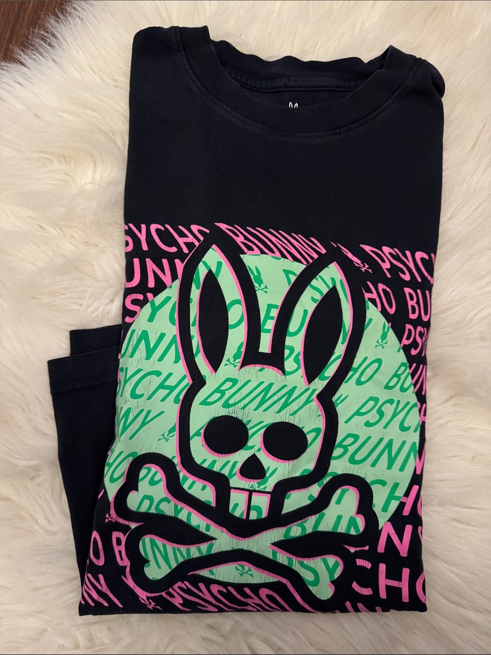 Psycho Bunny Black Tee with Neon Green & Pink Graphic